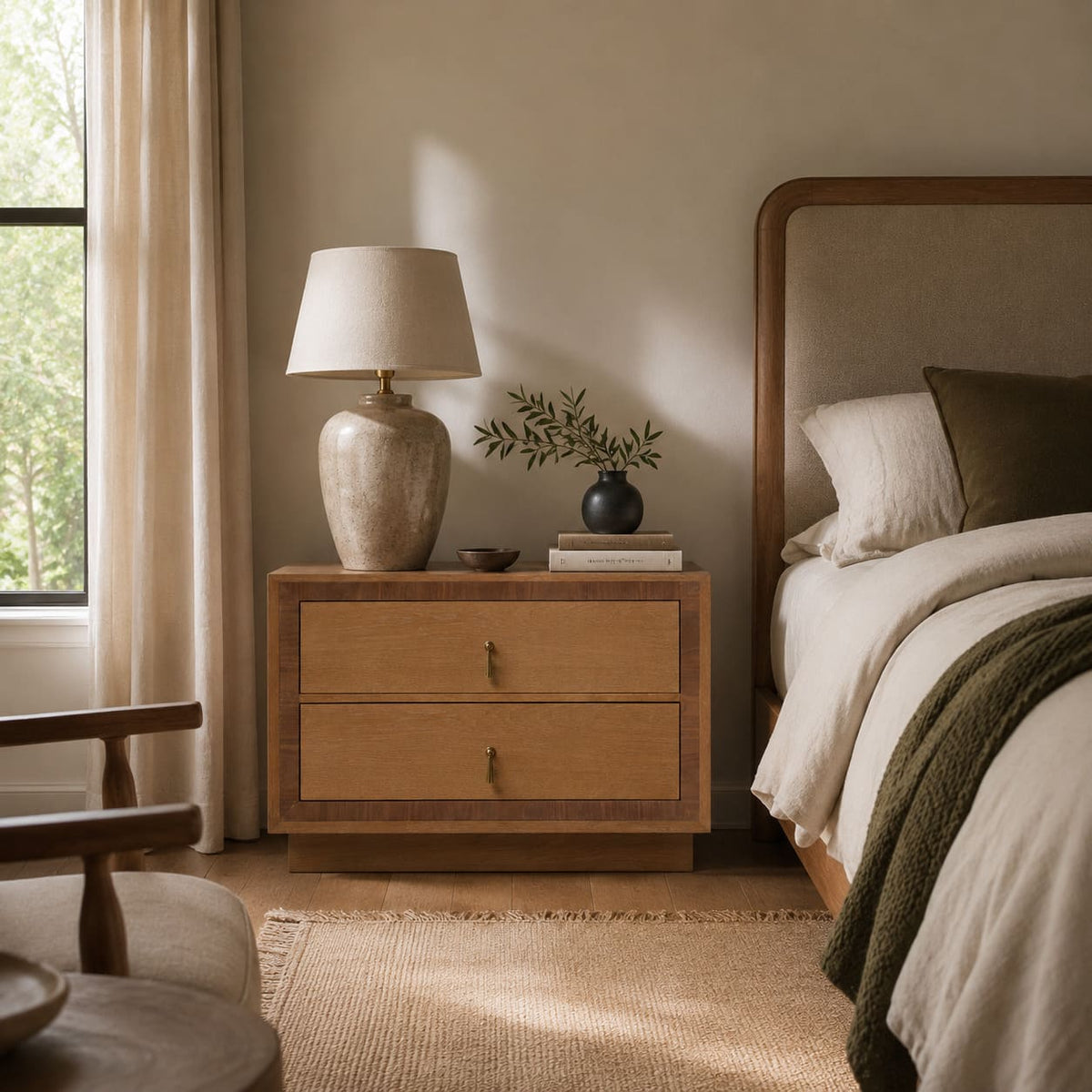 Happyarcadian Two-Drawer Oak Bedside Table