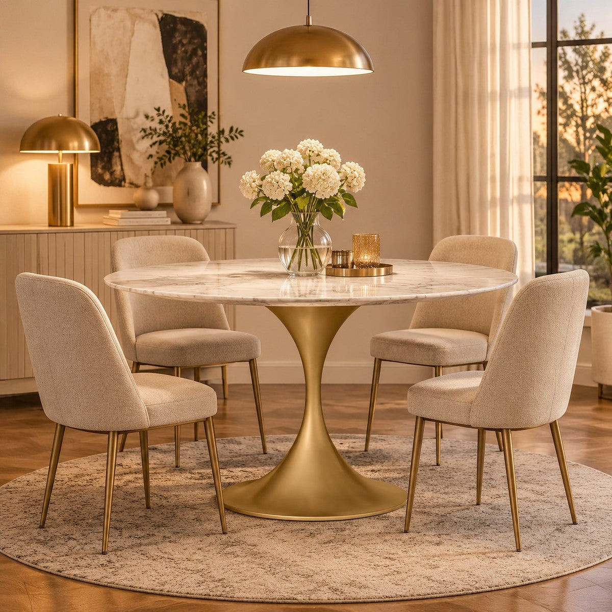 Round Stone-Top Steel-Base Dining Table