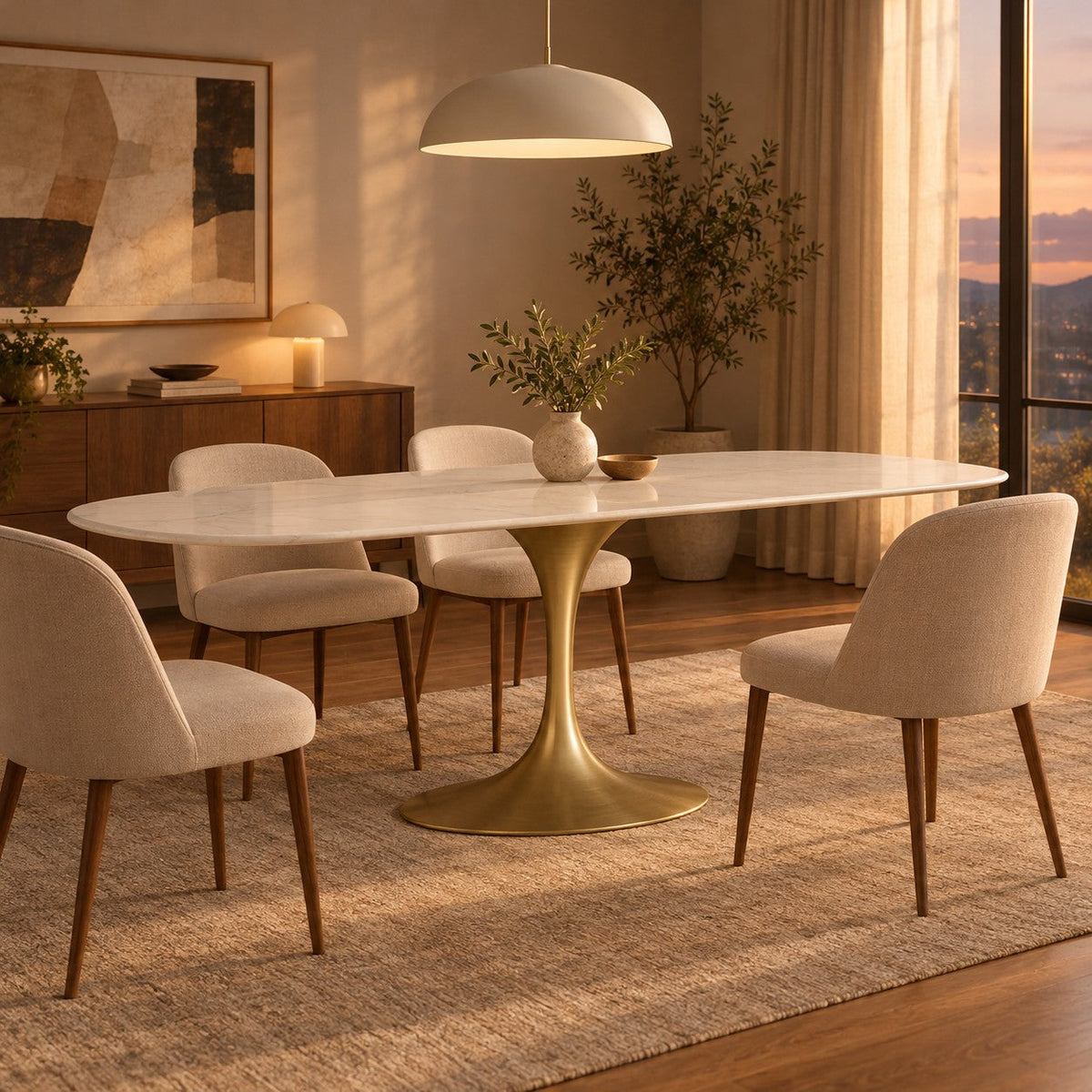 Happyarcadian Steel Base Marble Surface Dining Table