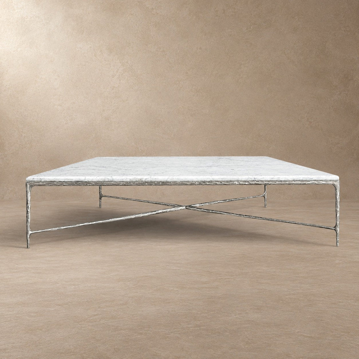 Happyarcadian Square Hammered Metal and Marble Coffee Table