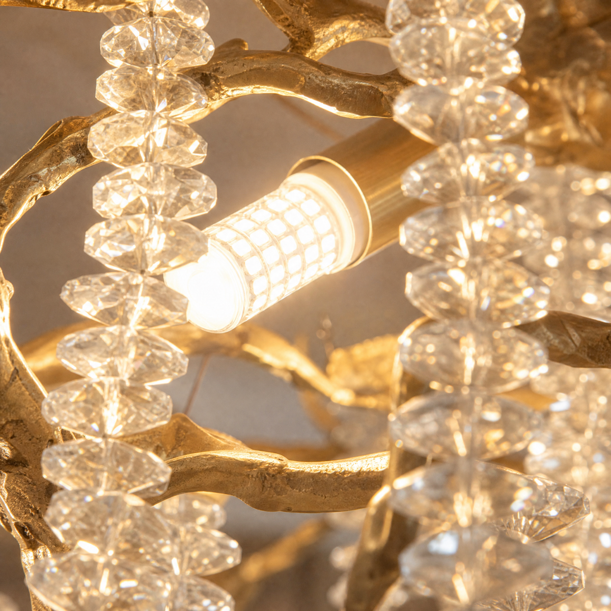Textured Gold Metal and Crystal Rainfall Chandelier