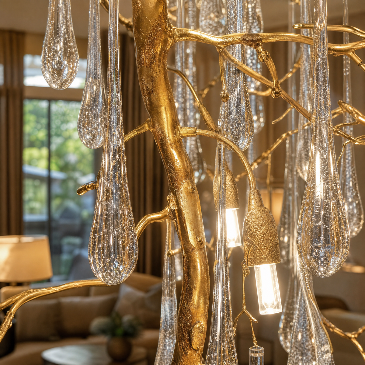 Gold Tiered Crystal Cascading Chandelier for High Ceilings