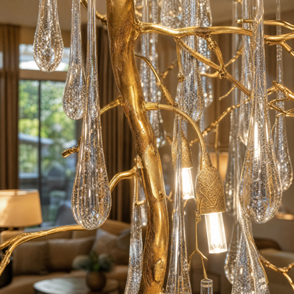 Gold Tiered Crystal Cascading Chandelier for High Ceilings