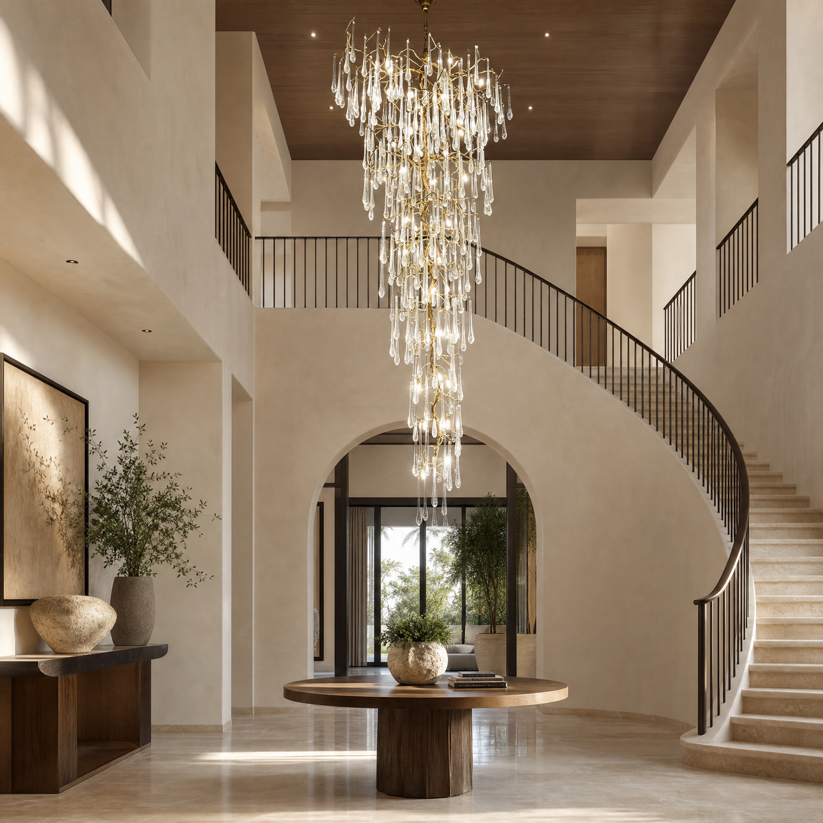 Gold Tiered Crystal Cascading Chandelier for High Ceilings