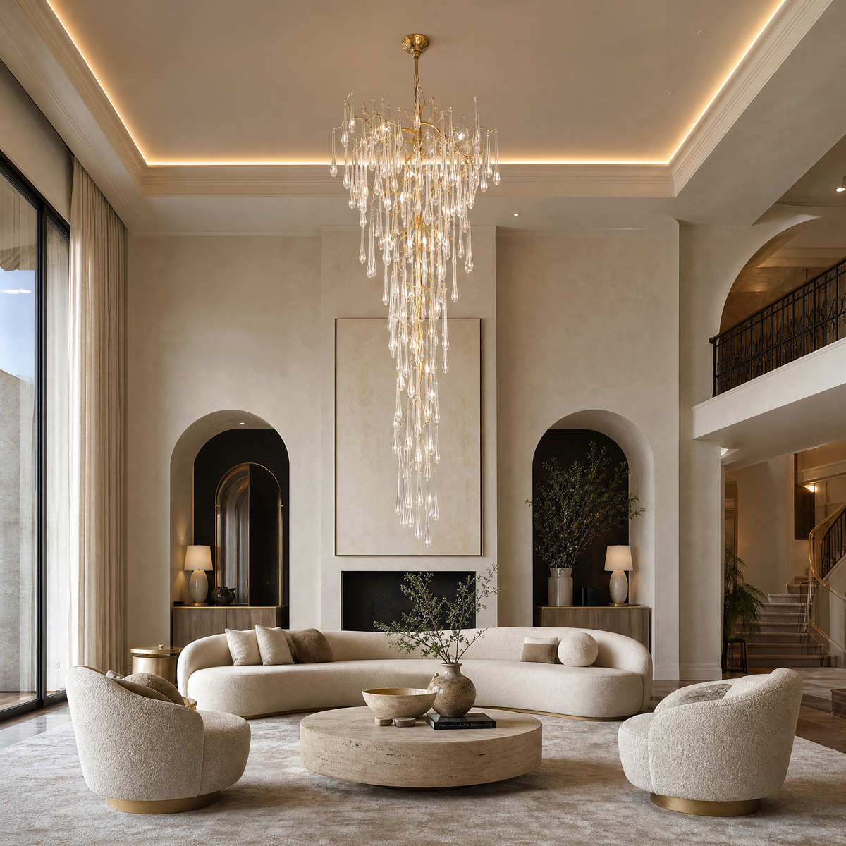 Gold Tiered Crystal Cascading Chandelier for High Ceilings