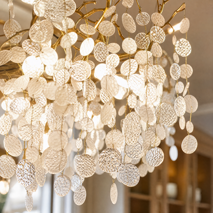 Brass Branch Chandelier with Frosted Glass Leaf Accents
