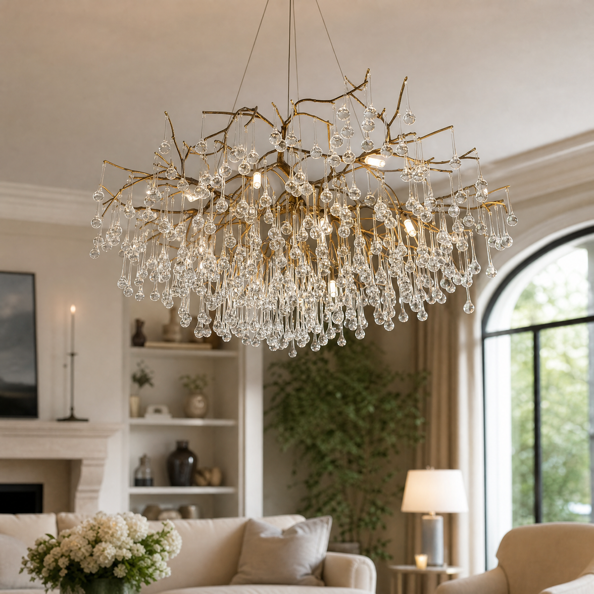 Antique Brass Metal Branch Crystal Chandelier