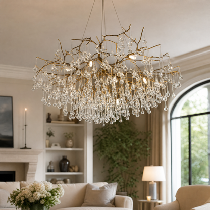 Antique Brass Metal Branch Crystal Chandelier