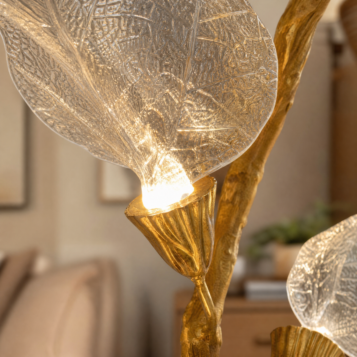 Textured Glass Leaf Cascade Gold Chandelier