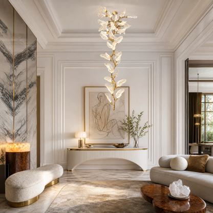 Textured Glass Leaf Cascade Gold Chandelier