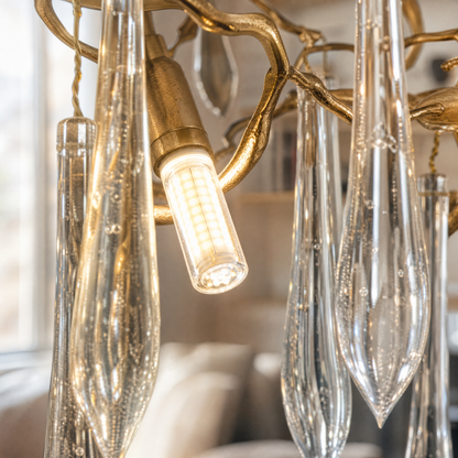Brass Branch Chandelier with Cascading Clear Crystal Raindrops