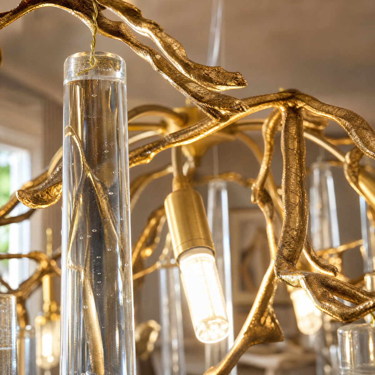 Brass Branch Chandelier with Cascading Clear Crystal Raindrops