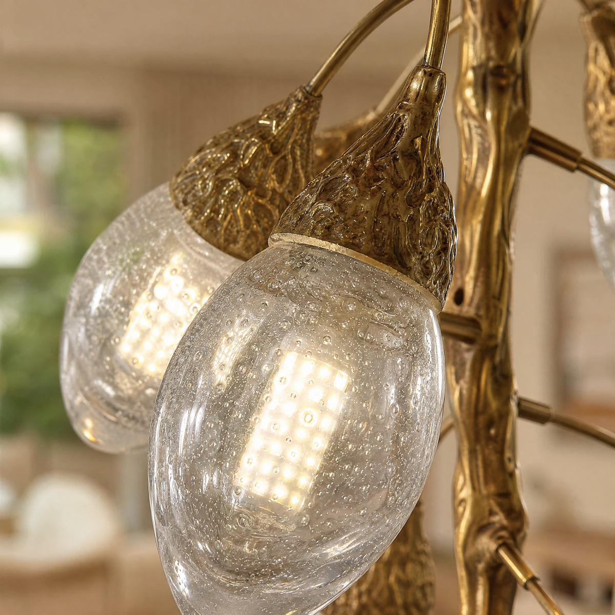 Antique Brass Metal and Glass Vine Branch Chandelier