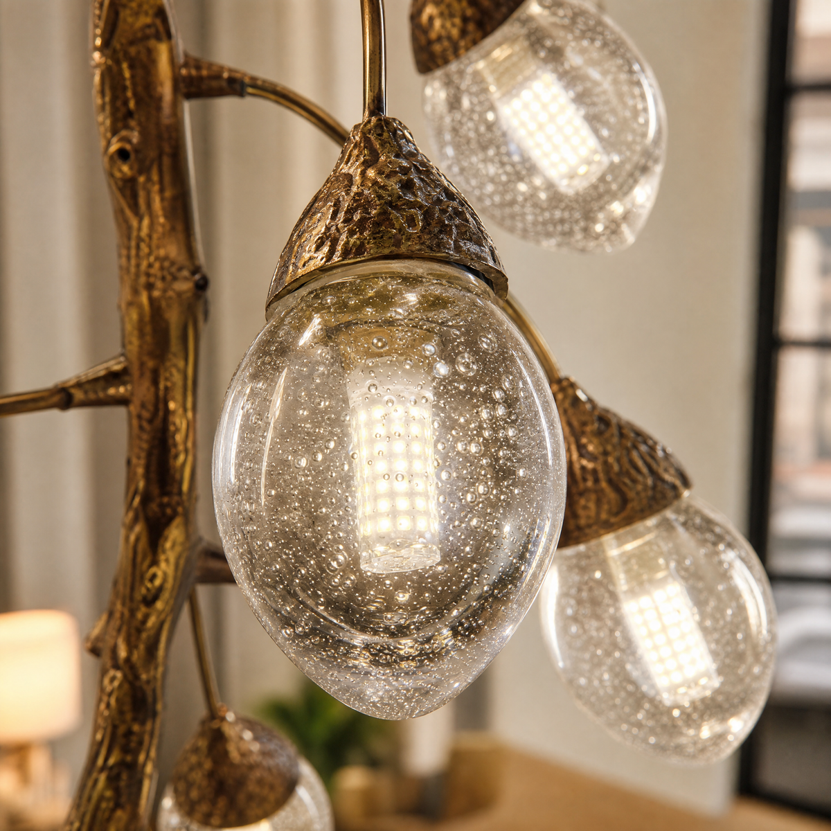 Antique Brass Metal and Glass Vine Branch Chandelier
