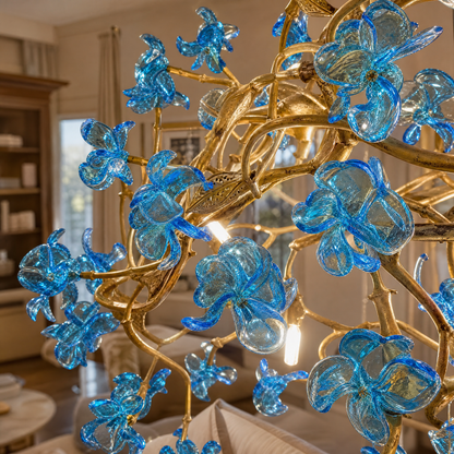 Blue Glass Floral Branch Chandelier with Gold Finish