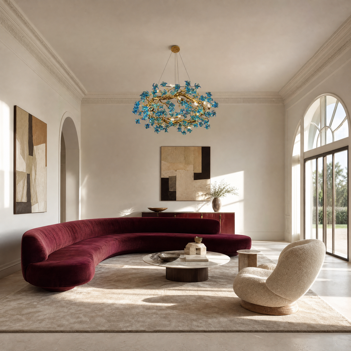 Blue Glass Floral Branch Chandelier with Gold Finish