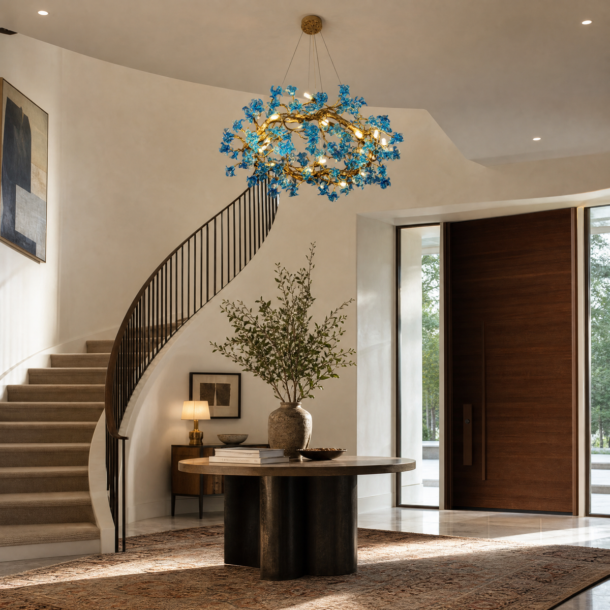 Blue Glass Floral Branch Chandelier with Gold Finish