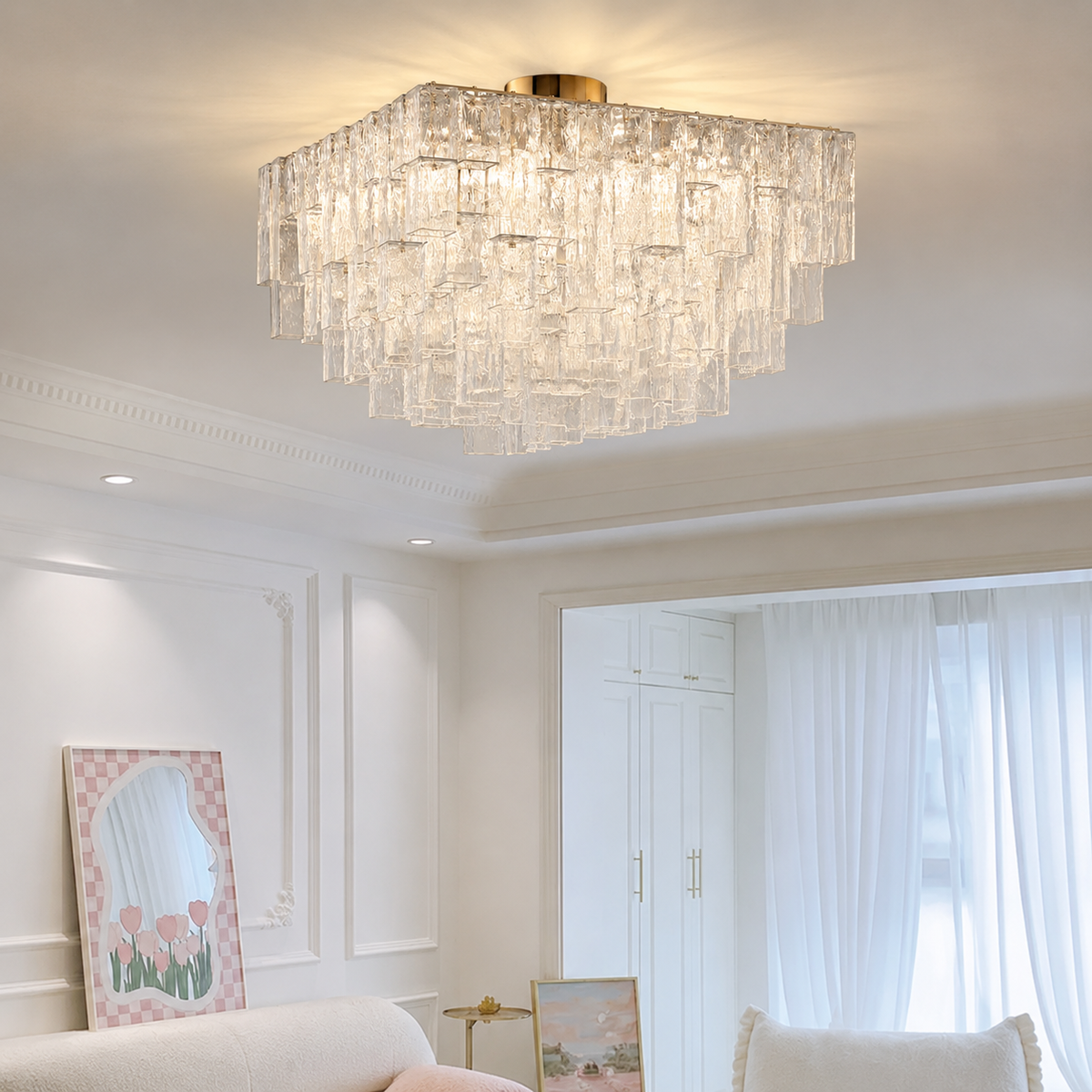 Living Room Flush Mount Chandelier | Art Deco Glass | Crystara