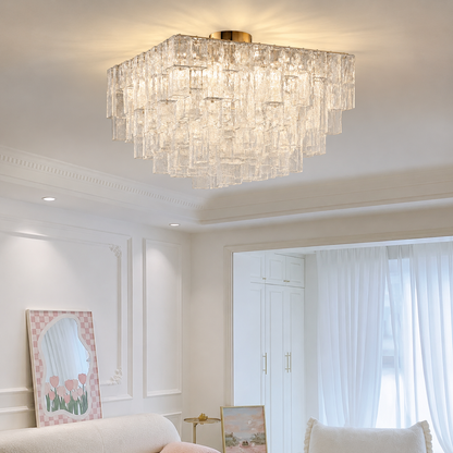 Living Room Flush Mount Chandelier | Art Deco Glass | Crystara
