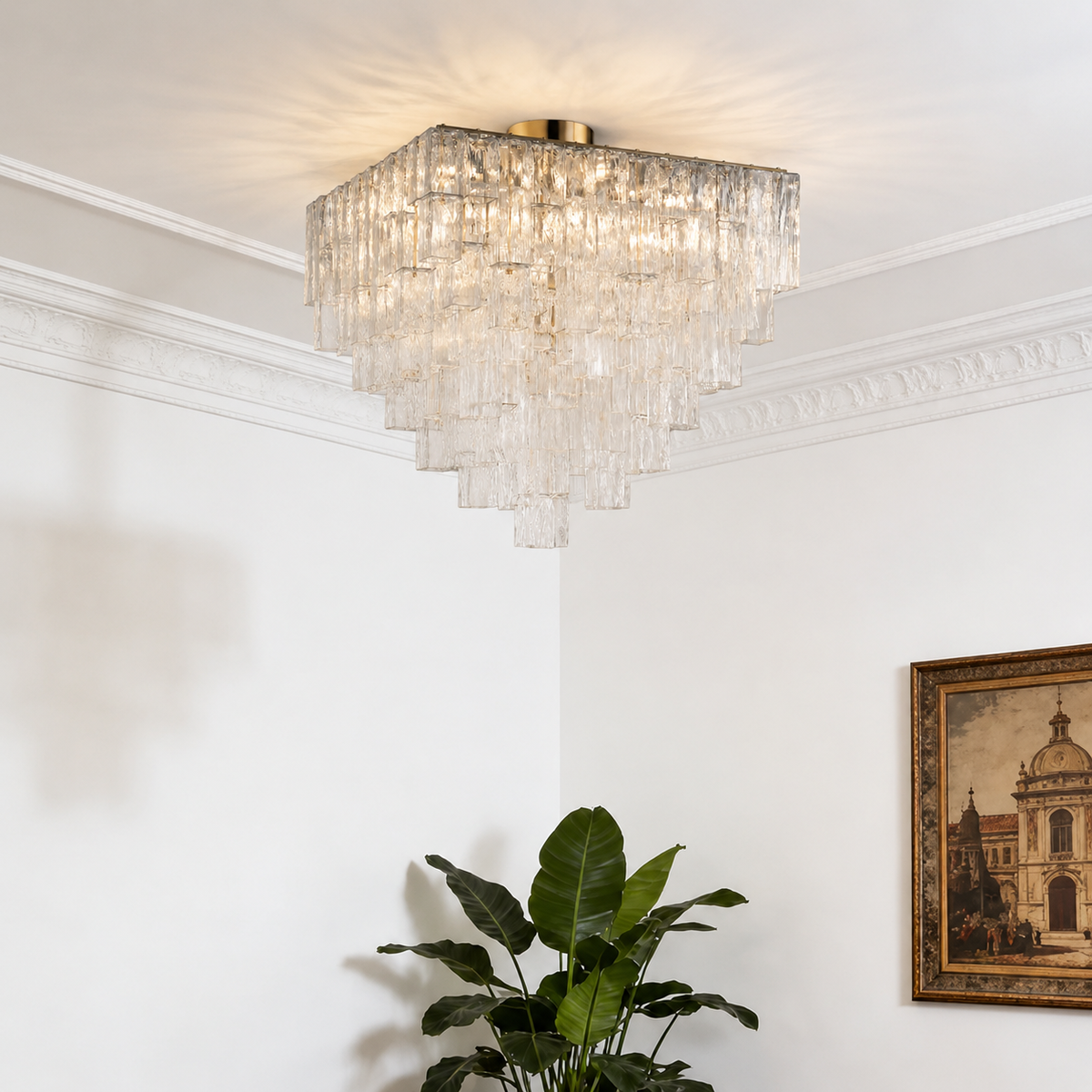 Living Room Flush Mount Chandelier | Art Deco Glass | Crystara