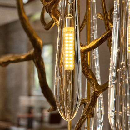 Gold Metal and Crystal Teardrop Waterfall Chandelier