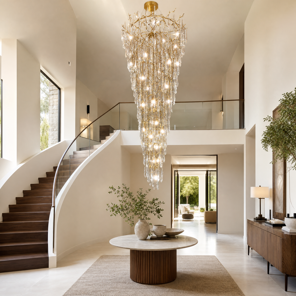 Gold Metal and Crystal Teardrop Waterfall Chandelier