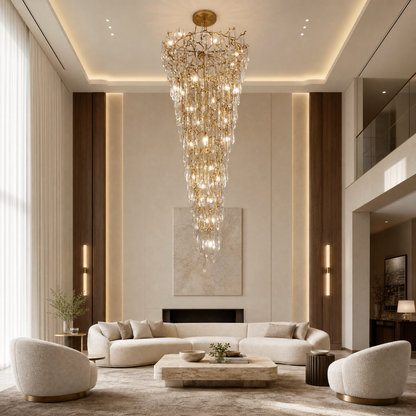 Gold Metal and Crystal Teardrop Waterfall Chandelier
