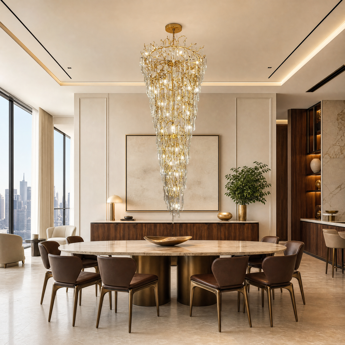 Gold Metal and Crystal Teardrop Waterfall Chandelier