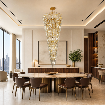 Gold Metal and Crystal Teardrop Waterfall Chandelier
