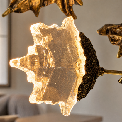 Modern Crystal Leaf Branch Chandelier in Antique Brass