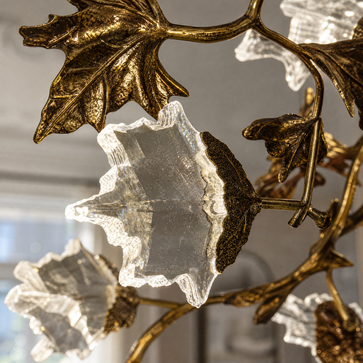 Modern Crystal Leaf Branch Chandelier in Antique Brass