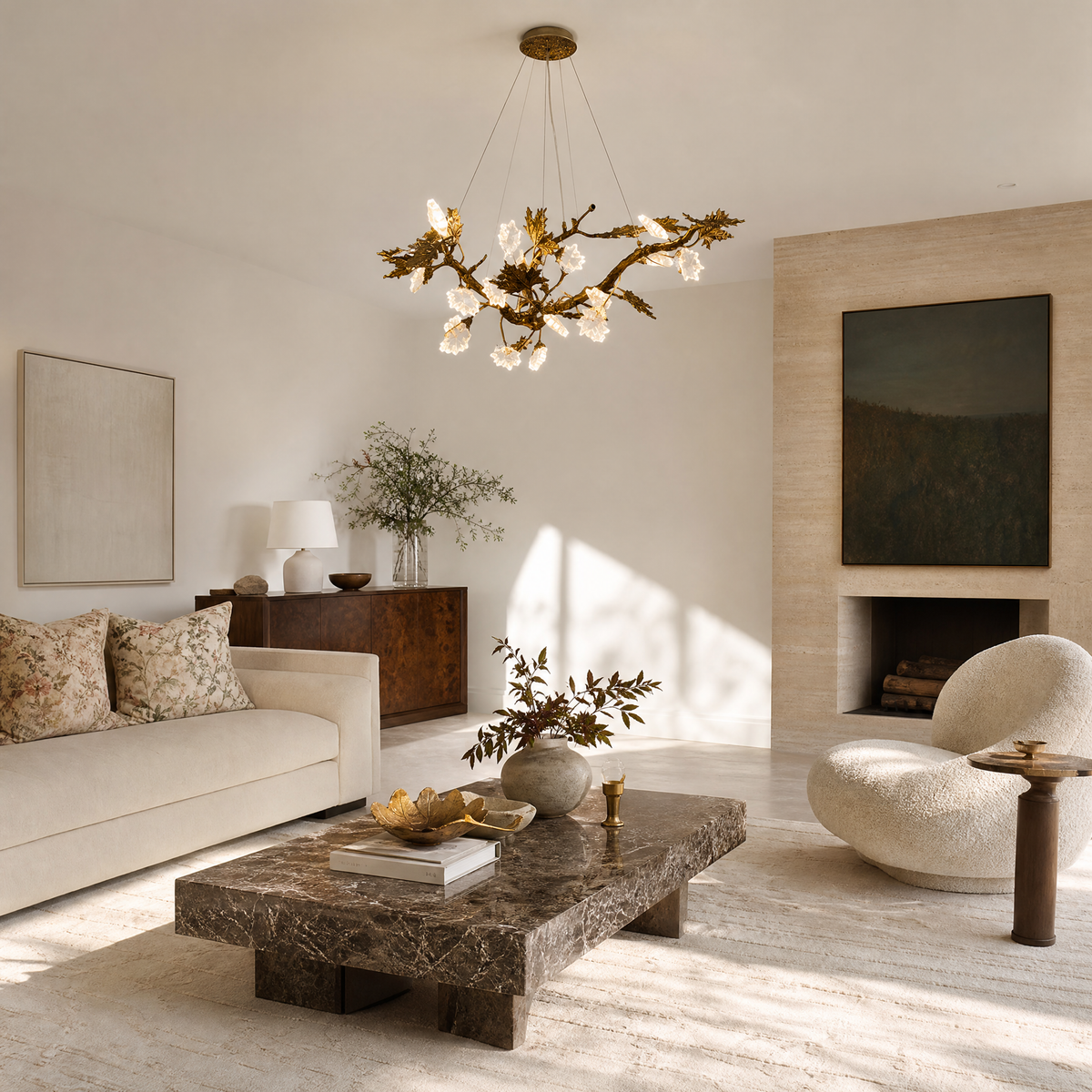 Modern Crystal Leaf Branch Chandelier in Antique Brass