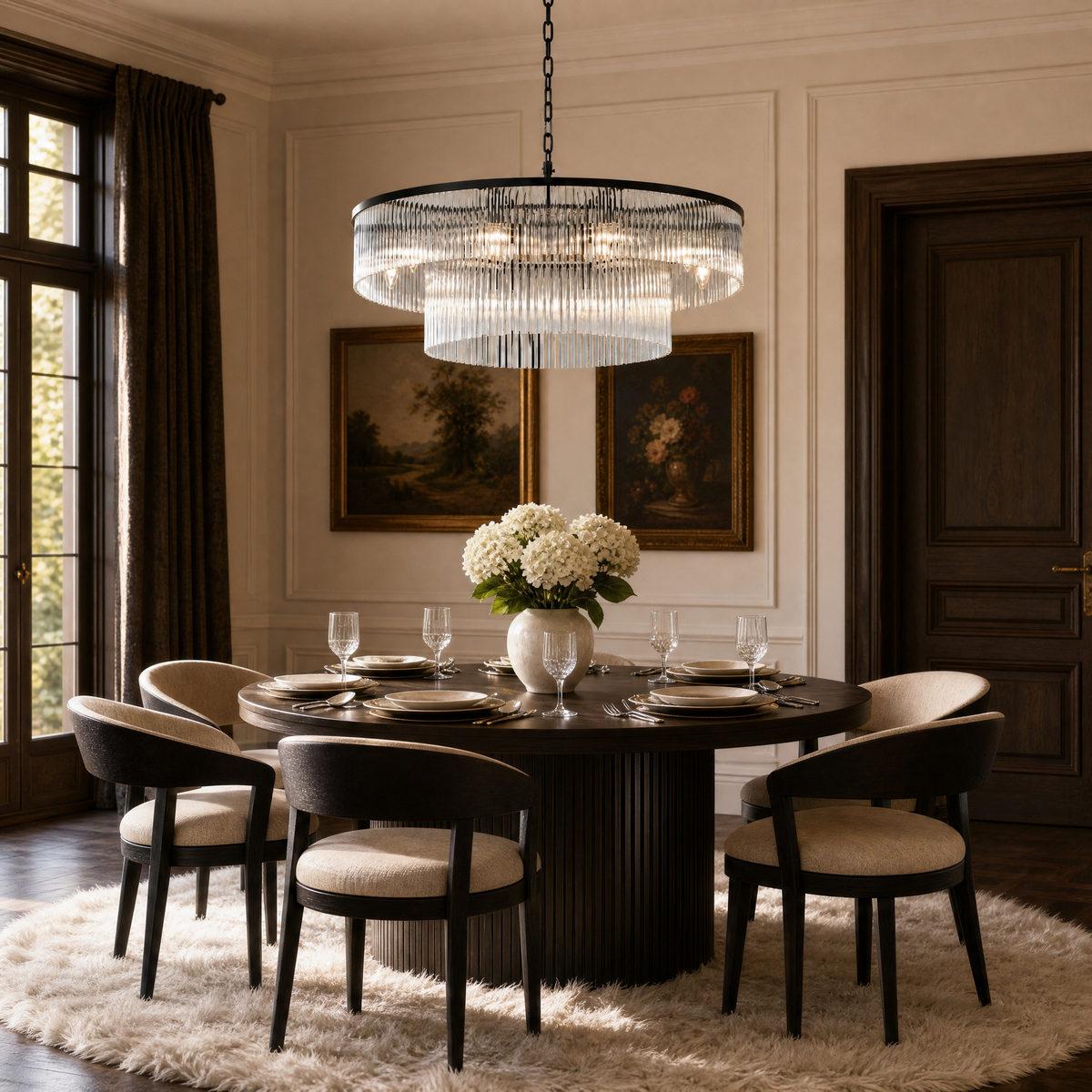 Two-Tier Striped Column Round Pendant D800 - Black