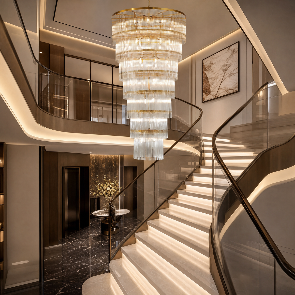 Seven-Tier Striped Column Staircase Chandelier 990 - Gold