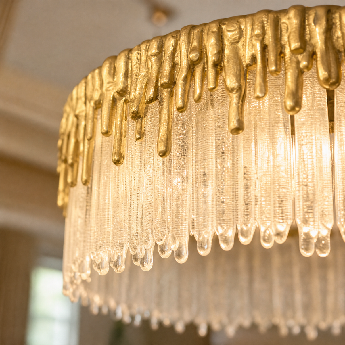 Textured Glass and Satin Gold Double-Tier Chandelier