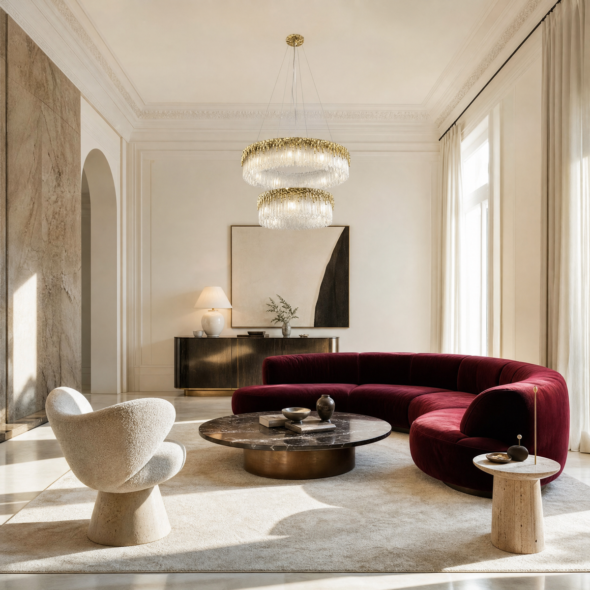 Textured Glass and Satin Gold Double-Tier Chandelier