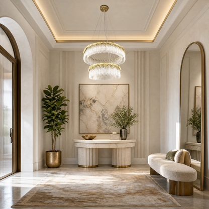 Textured Glass and Satin Gold Double-Tier Chandelier