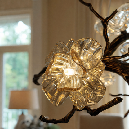 Antique Brass Branch Chandelier with Frosted Glass Blossom Shades