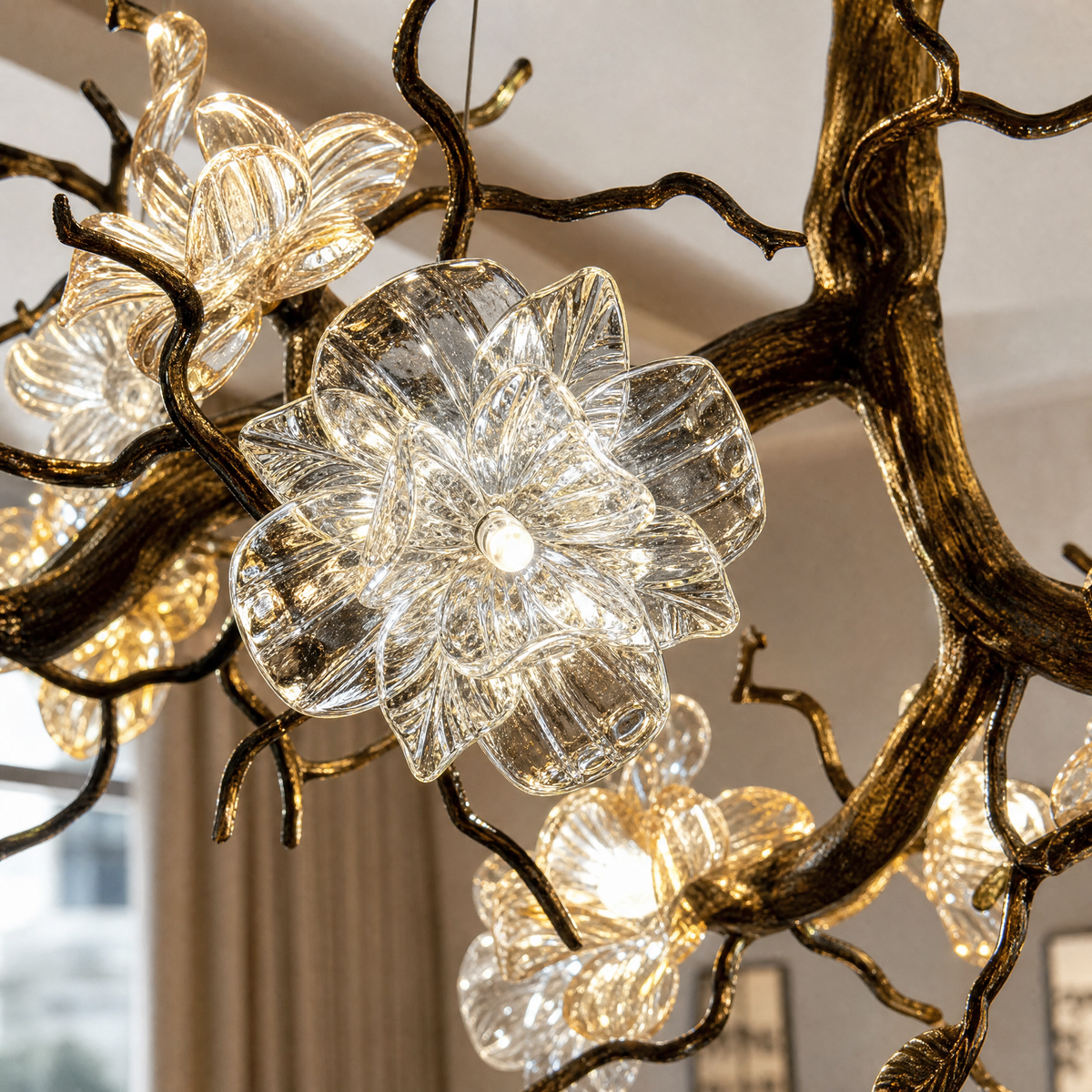Antique Brass Branch Chandelier with Frosted Glass Blossom Shades