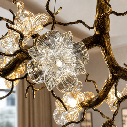 Antique Brass Branch Chandelier with Frosted Glass Blossom Shades