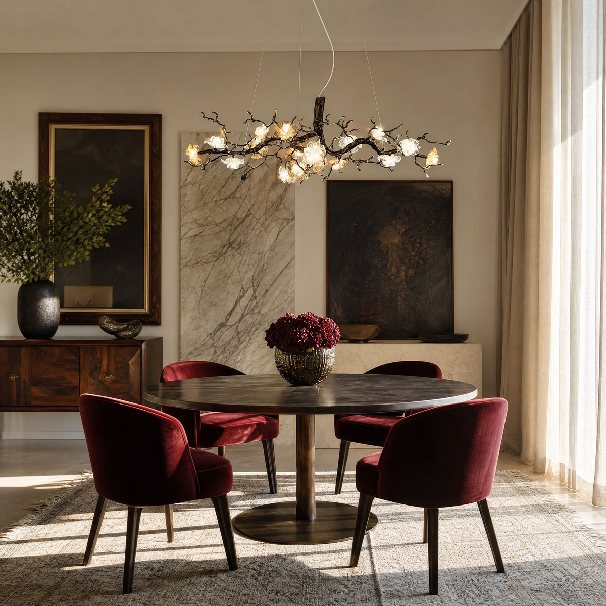 Antique Brass Branch Chandelier with Frosted Glass Blossom Shades