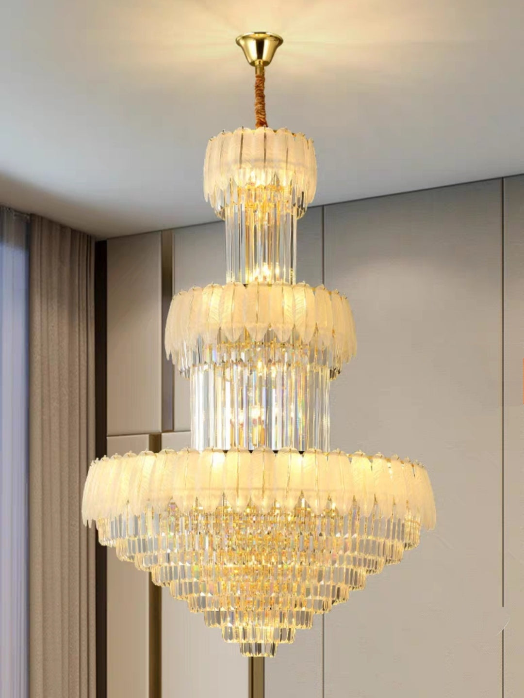 Extra Large Crystal Feather Style Chandelier Long Foyer Staircase Ceiling Lighting Fixture For Living Room