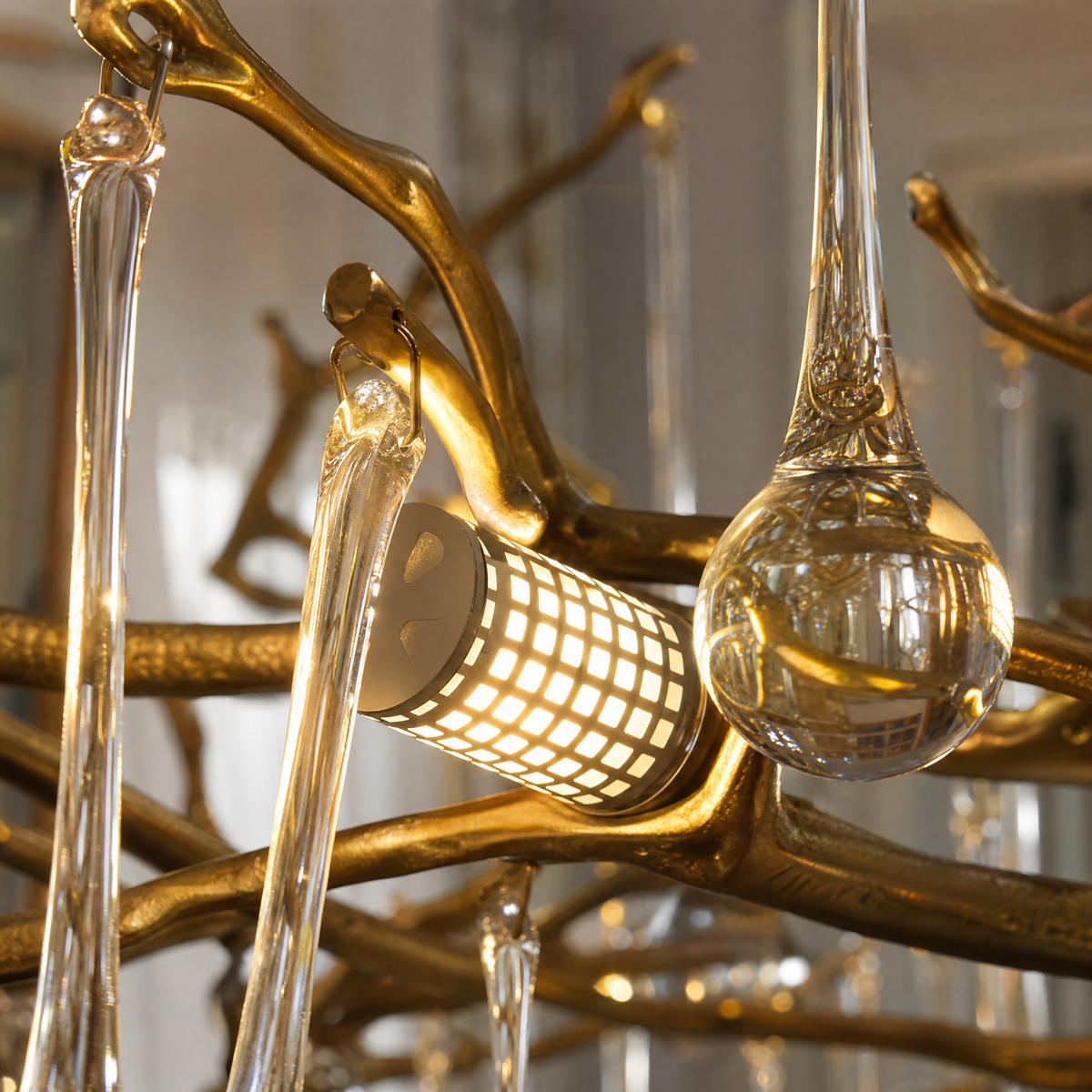 Gold Metal Branch Crystal Raindrop Chandelier