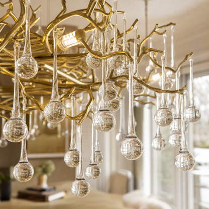 Gold Metal Branch Crystal Raindrop Chandelier
