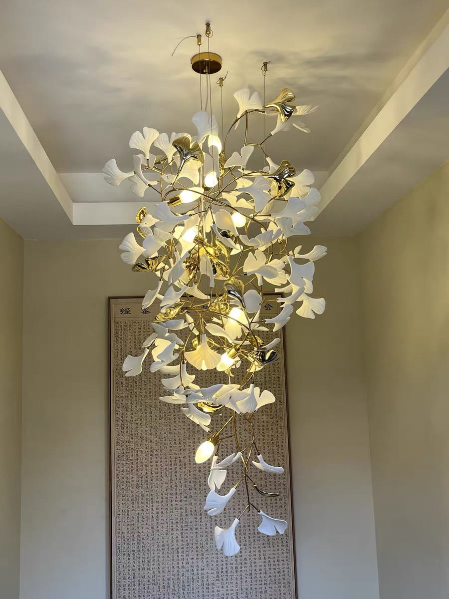 Extra Large Ceramics Ginkgo Leaves Twig Chandelier for High Ceiling Living Room/Hotel Hall