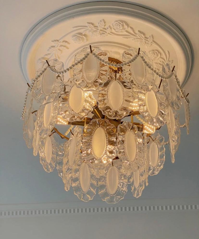 European Vintage Style Luxury Elegant Cream White Chandelier/Ceiling Light Fixture with White Pearl Chains for Living Room Bedroom Restaurant Dining Room