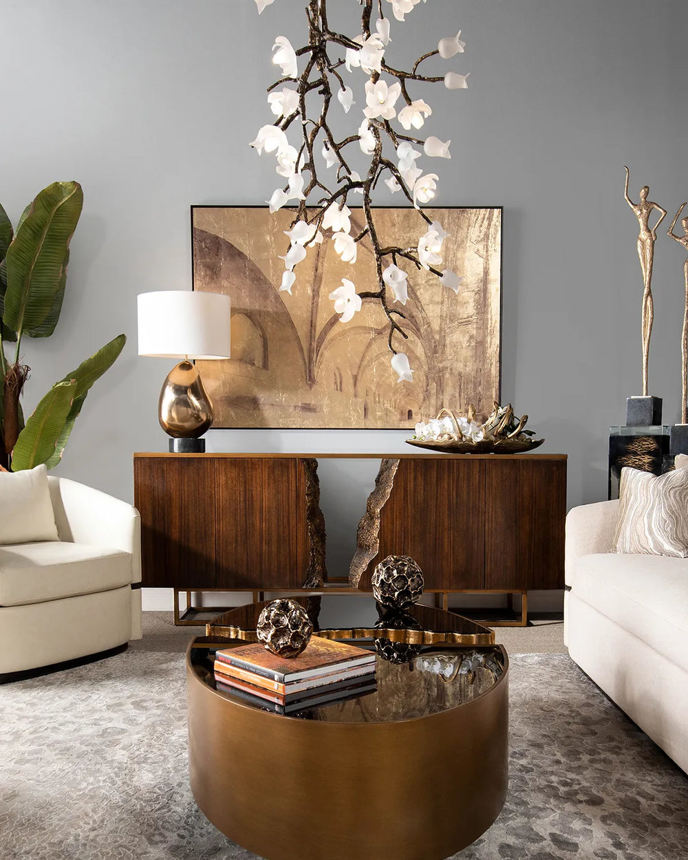 Churippu Branch Magnolia & Tulip Glass Bronze Vertical Twenty-One Light Chandelier