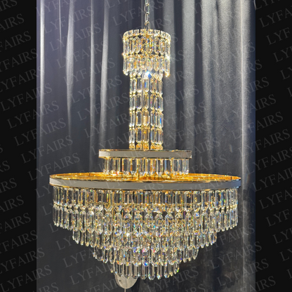 Modern Multi-tier Round Crystal Chandelier with White Leather for Foyer/Living Room/Staircase