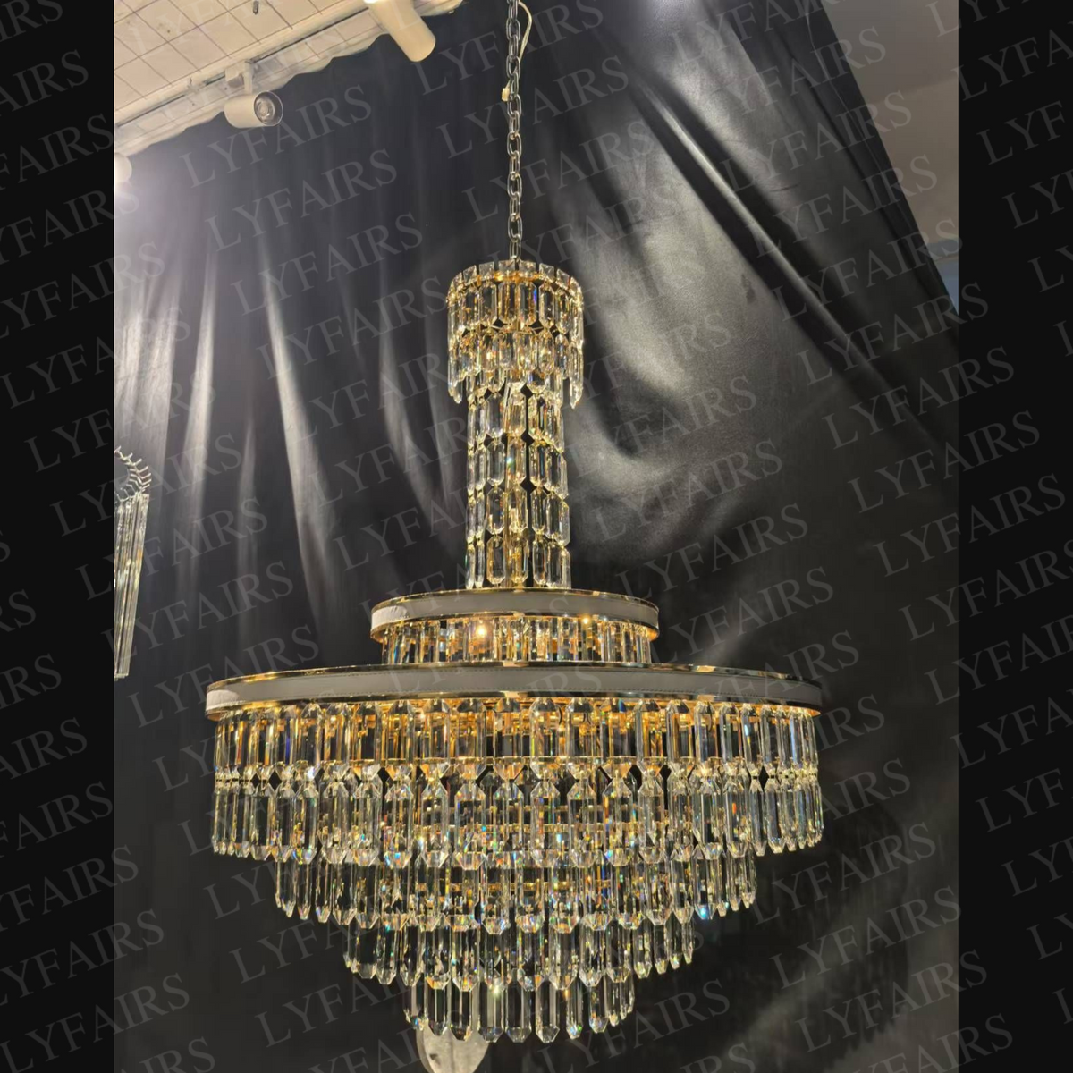 Modern Multi-tier Round Crystal Chandelier with White Leather for Foyer/Living Room/Staircase