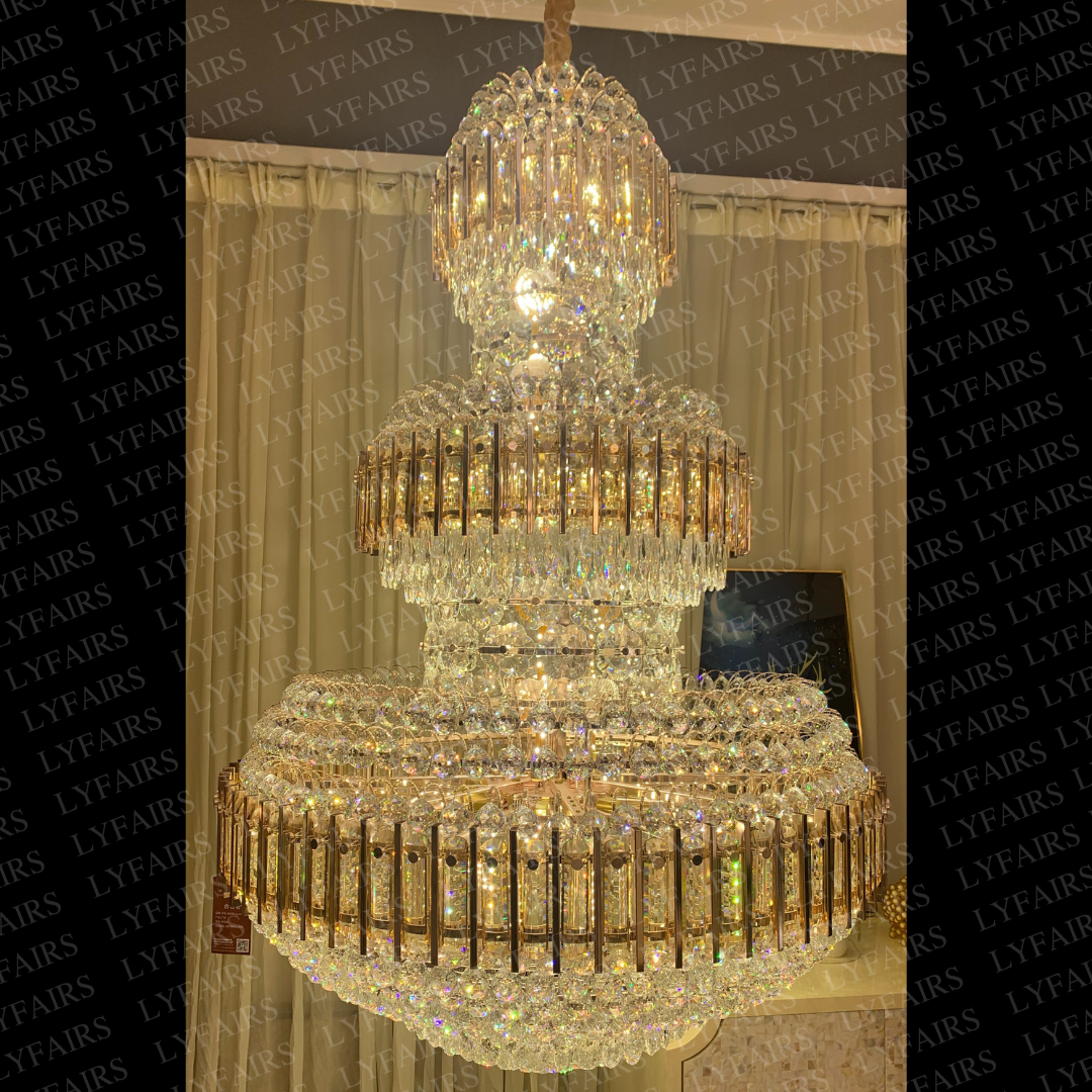 Golden Era Grand Cascade Amber&Clear Crystal Chandelier for High-ceiling